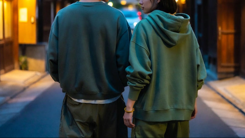 Young Japanese woman in blue streetwear checks her phone at a busy Japanese intersection, wearing a yellow quartz bracelet.