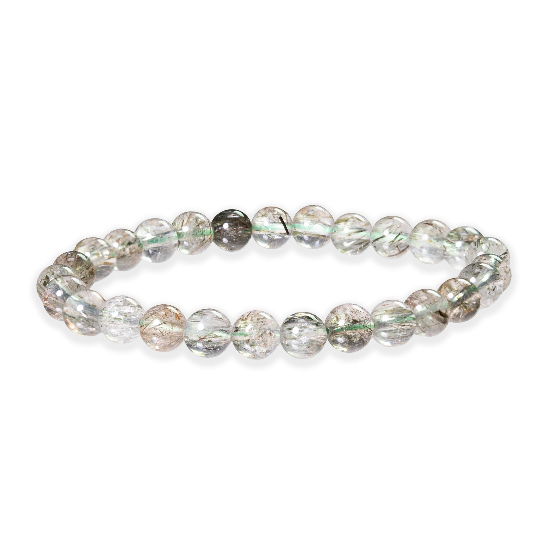 Beaded bracelet with clear and gray beads on a white background