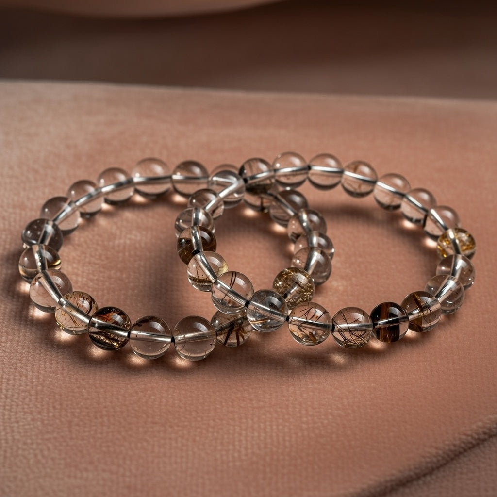 two beaded braclets rest on peach coloured velvet