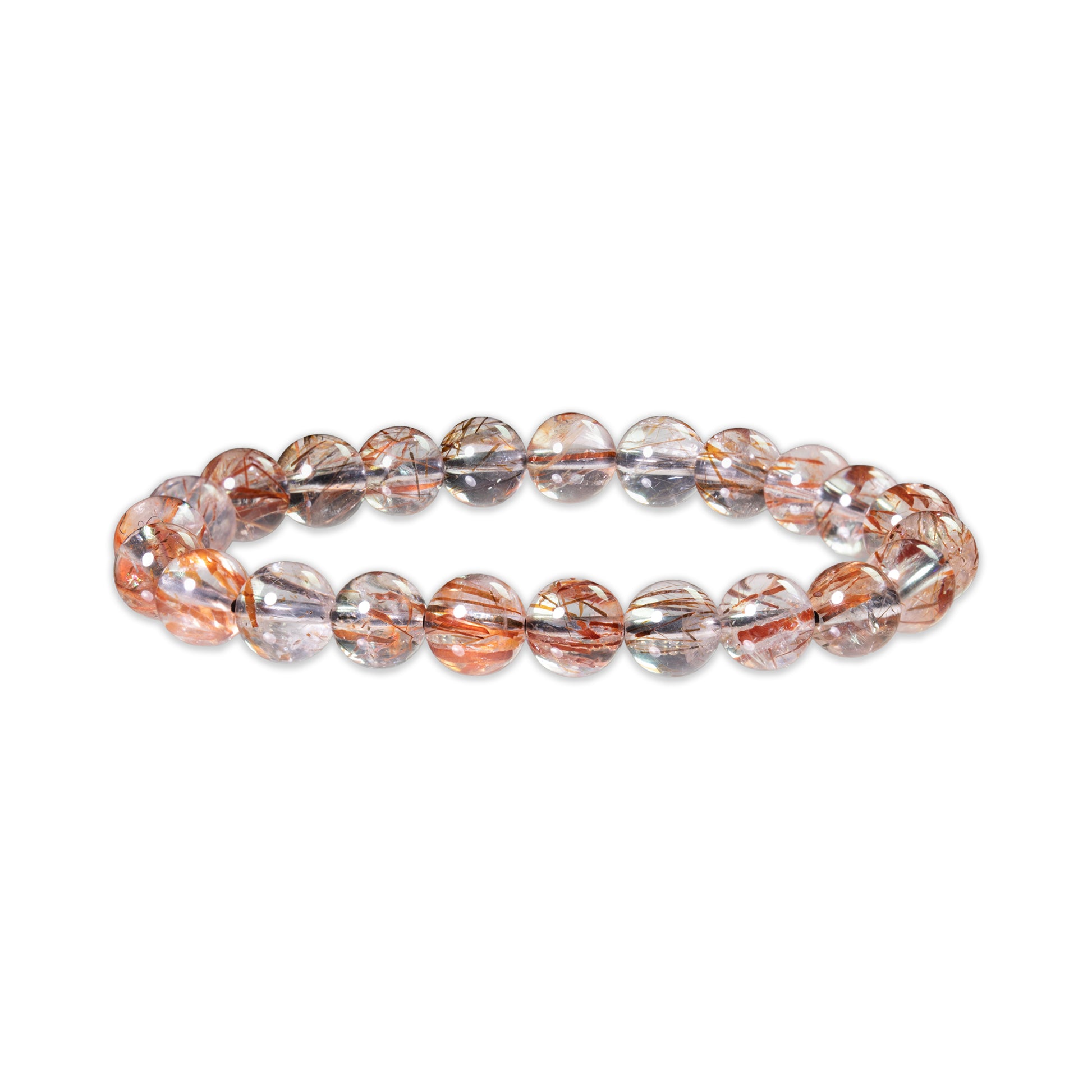 Beaded bracelet with rose gold, silver, and clear beads on a white background