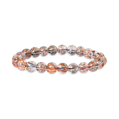 Beaded bracelet with rose gold, silver, and clear beads on a white background