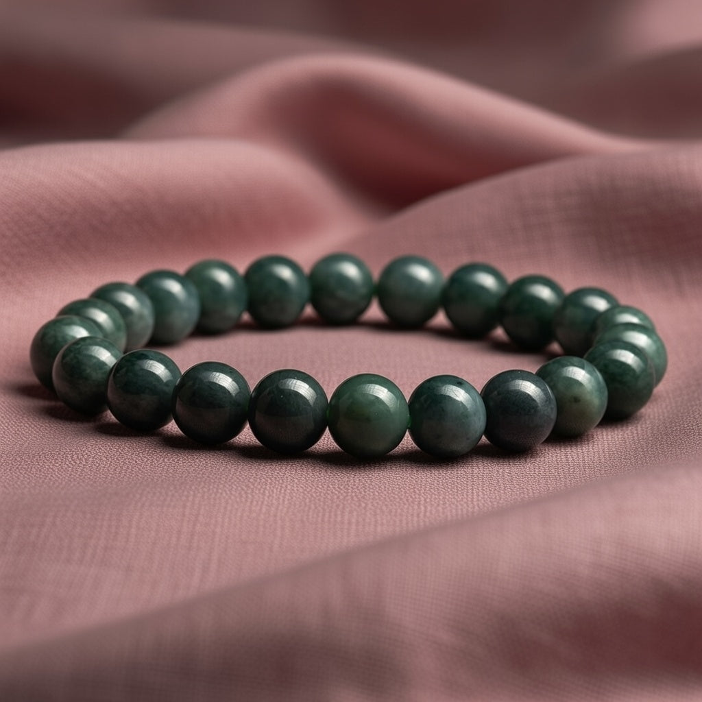 green beaded bracelet rests on a coral linen cloth