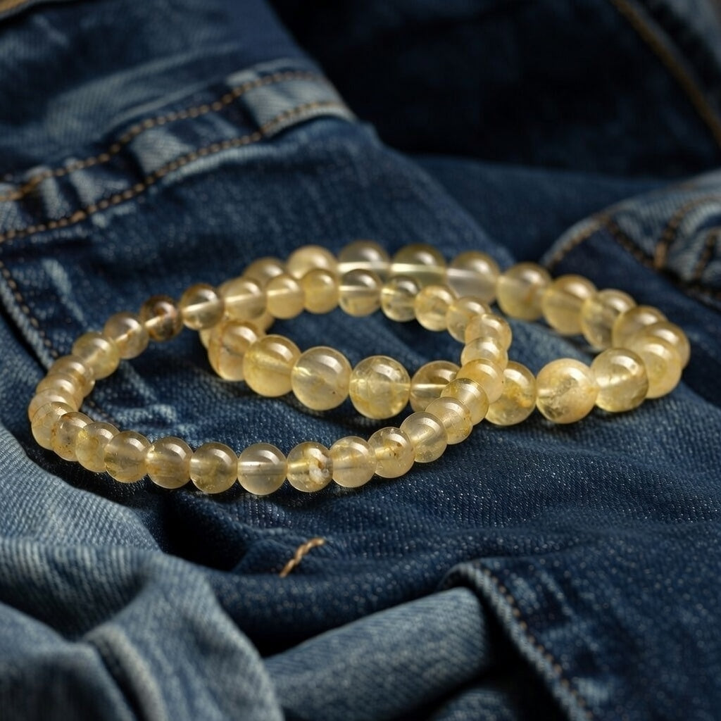 two yellow beaded bracelets sit on a pile of blue denim