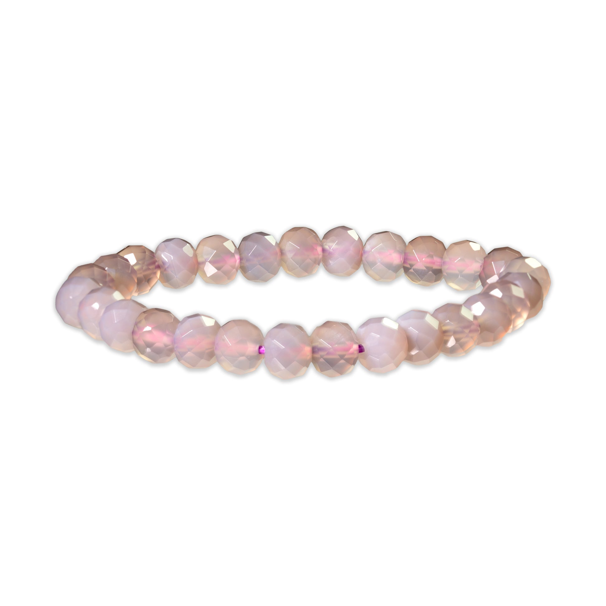 Beaded bracelet with pink and purple stones on a white background
