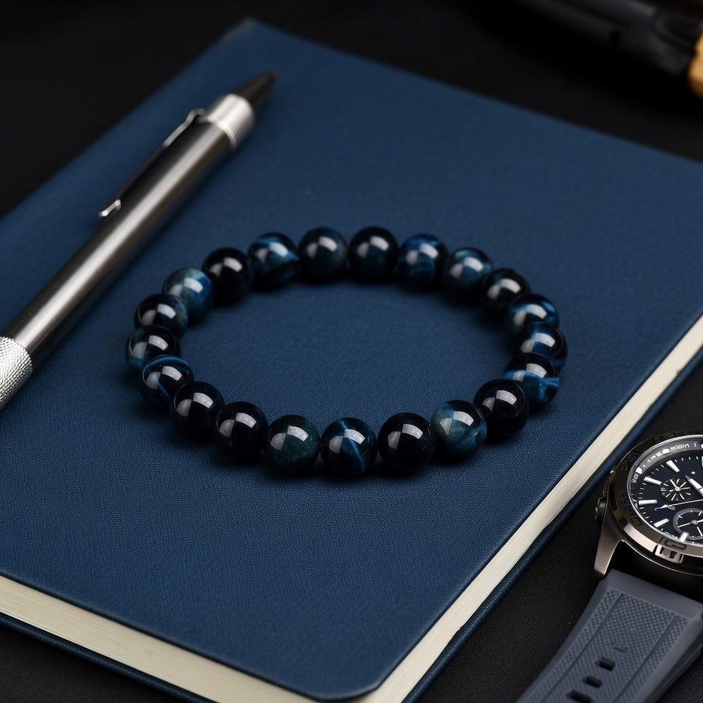 a blue tiger eye bracelet sits on top of a dark blue notebook