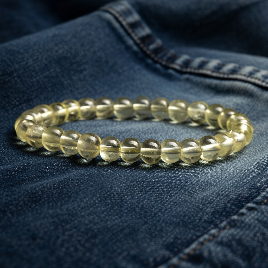 a yellow beaded bracelet rests on folded denim
