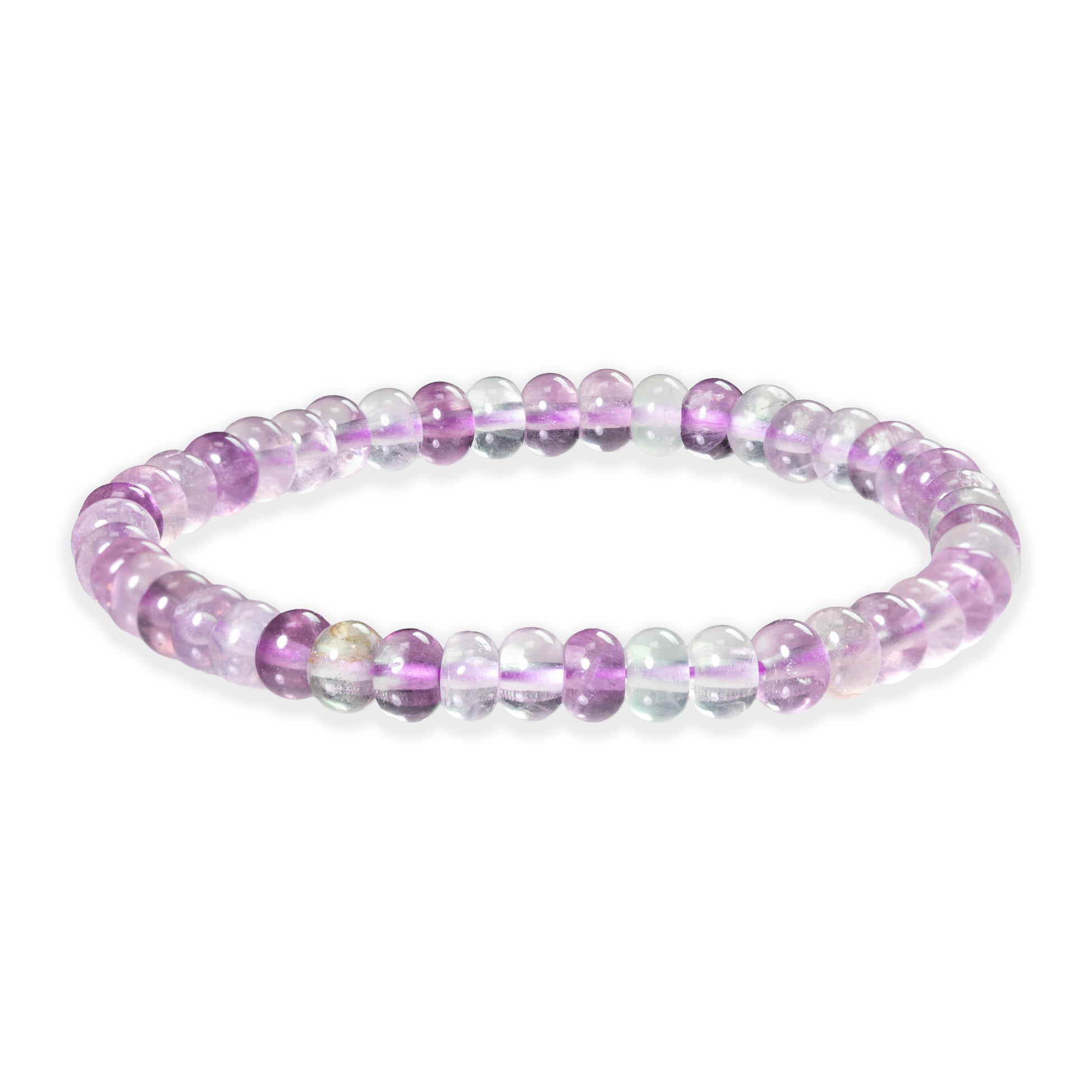 Purple beaded fluorite bracelet on a white background