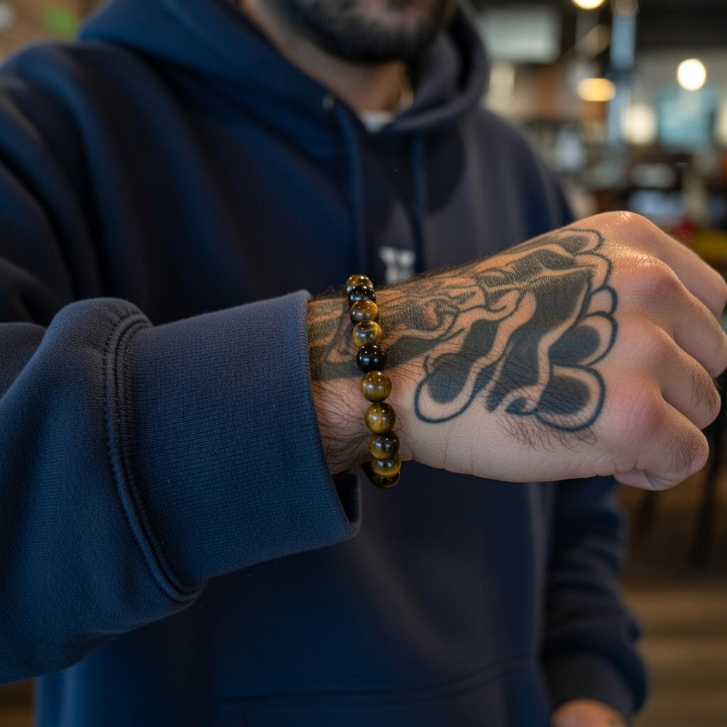 Person wearing a blue hoodie with a tattooed arm and bracelet, blurred indoor background