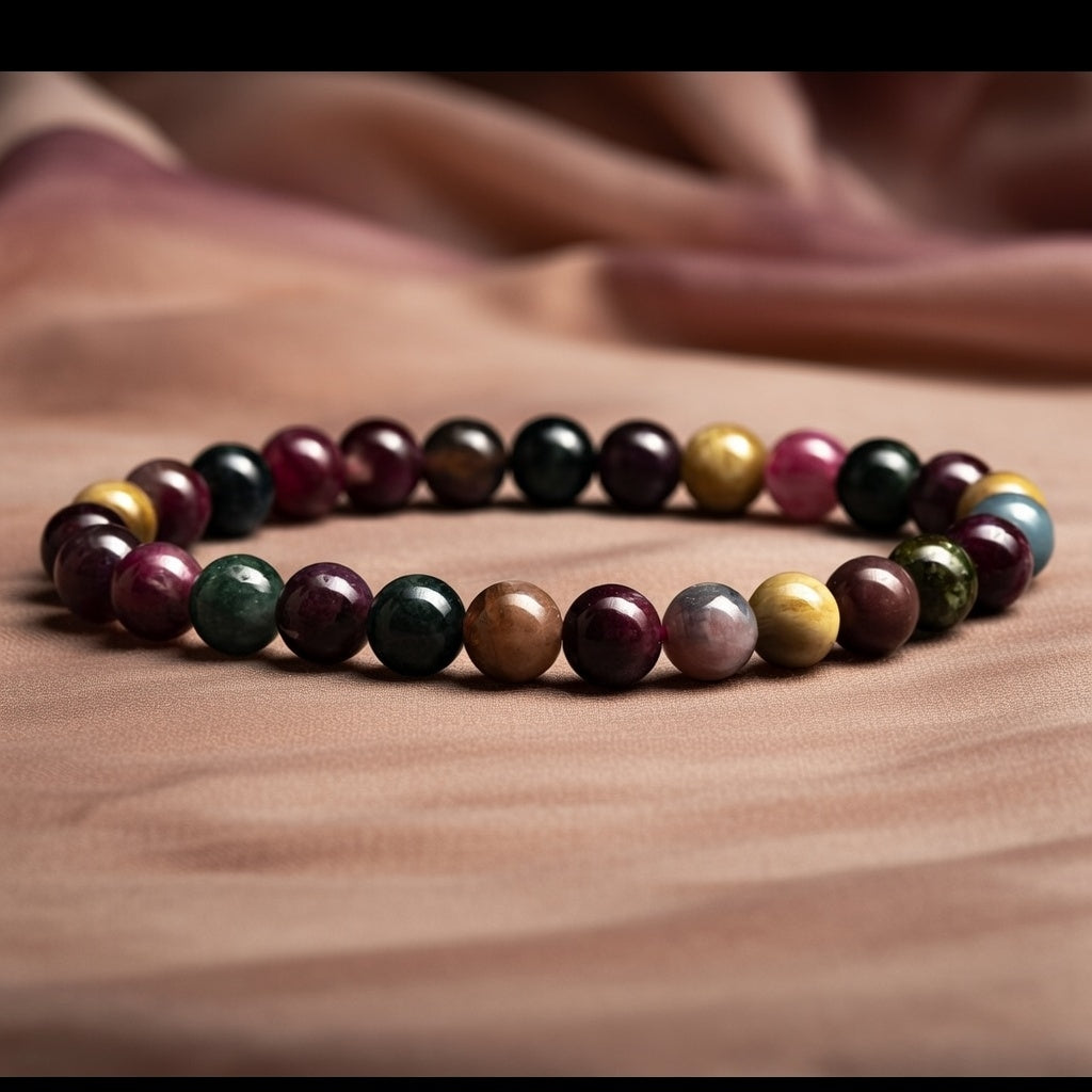 Multicolored beaded bracelet on a brown fabric background