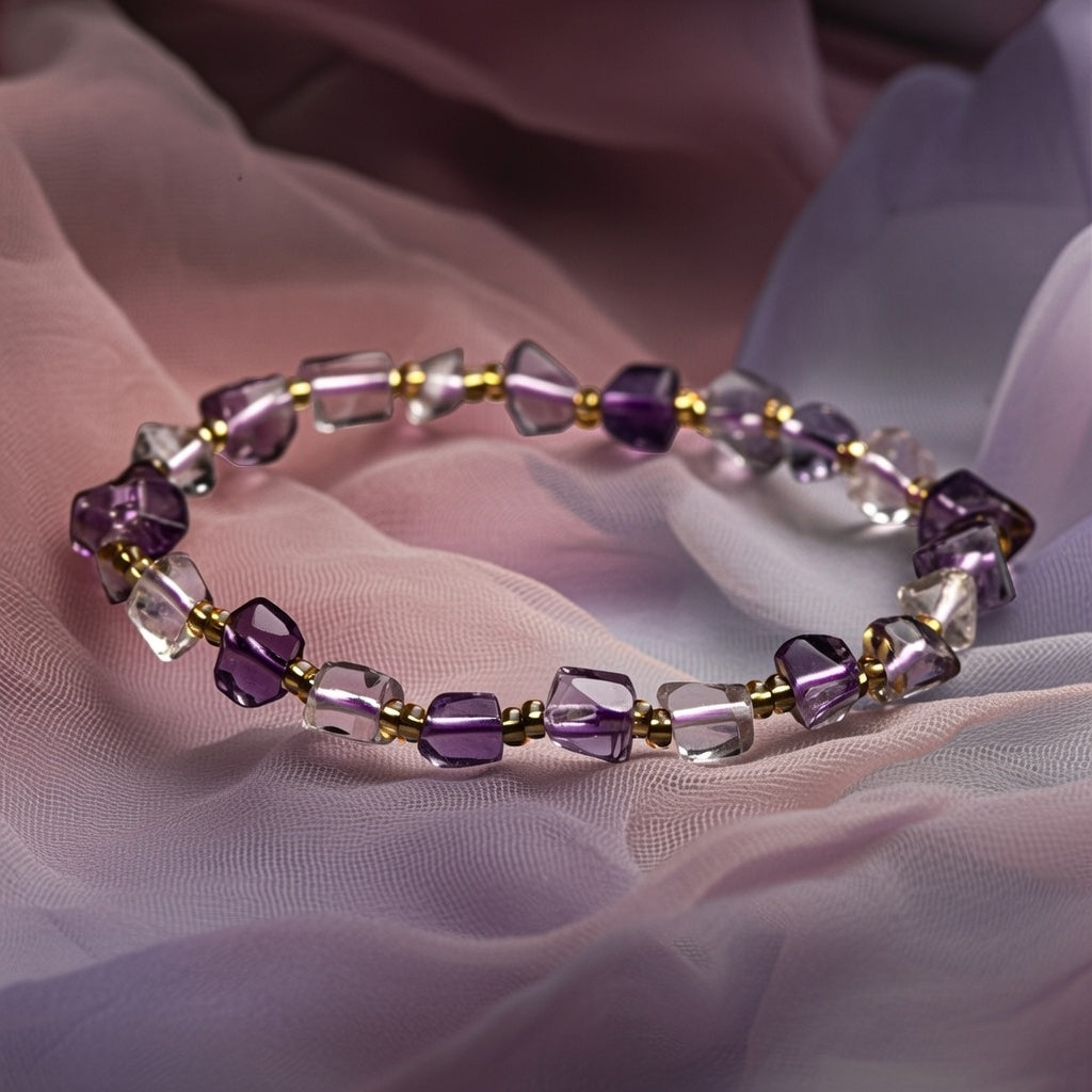 Purple beaded bracelet on a soft fabric background